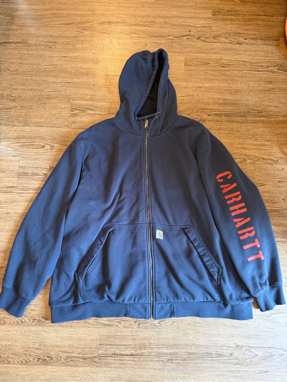 Carhartt Men’s Navy Zip-Up Fleece Lined Hoodie with Red Sleeve Logo